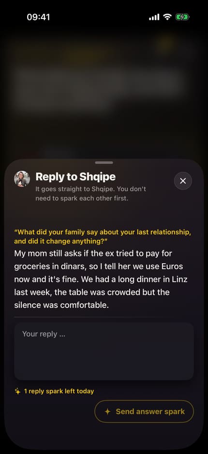 App screen “This is how a conversation starts here”: at the top the note that you cannot simply message someone, below it sentences the other person wrote, each on its own card with a button to reply.