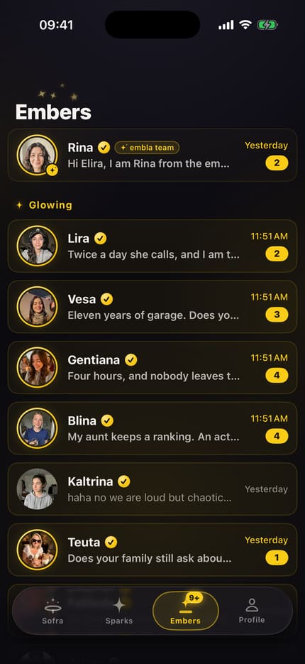 App screen “Embers”: the conversations are grouped into Glowing, Warm and Cooled, each with photo, name and the last message.