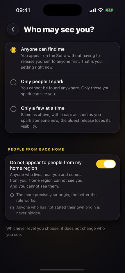 App screen “Who may see you?”: three visibility levels to choose from, below them the switch “Do not appear to people from my region of origin”, turned on.