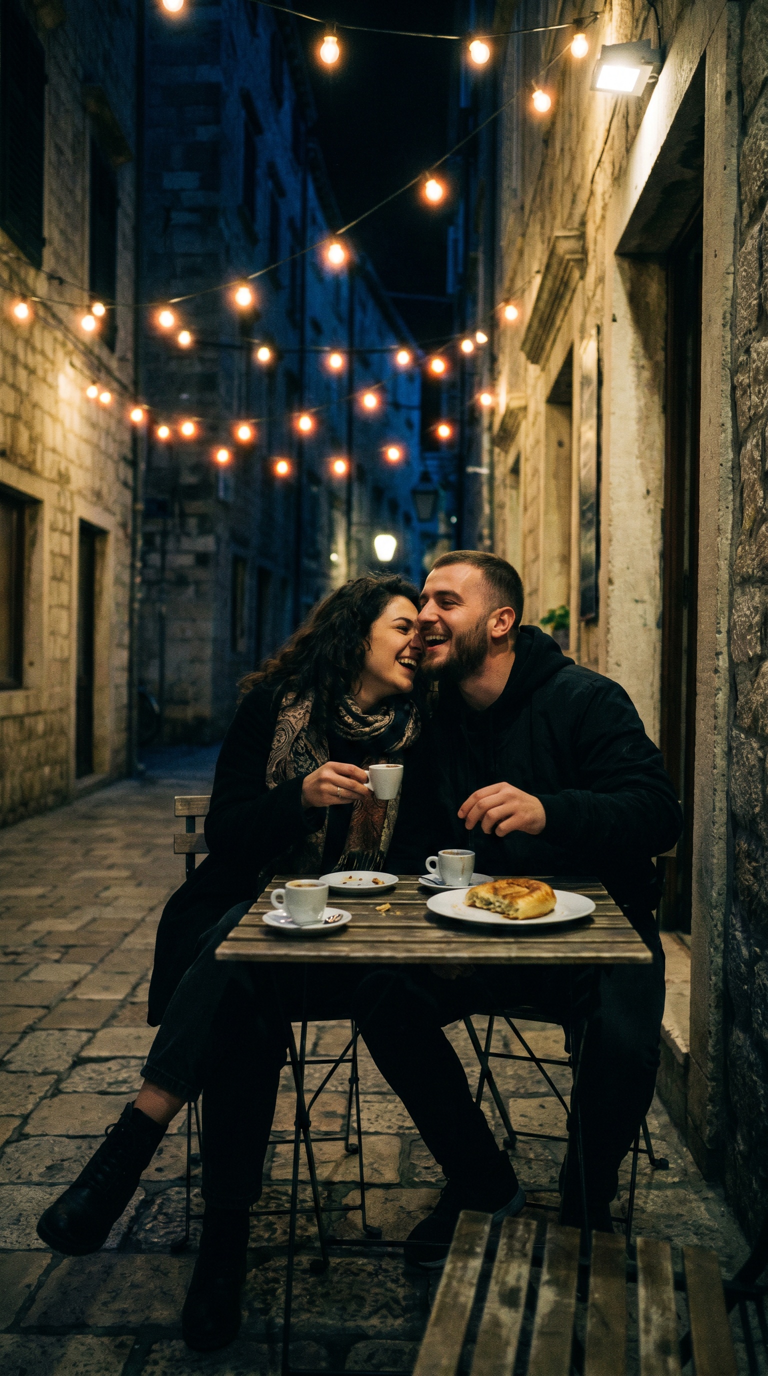 Junges albanisches Paar lacht abends an einem Cafétisch unter warmen Lichterketten