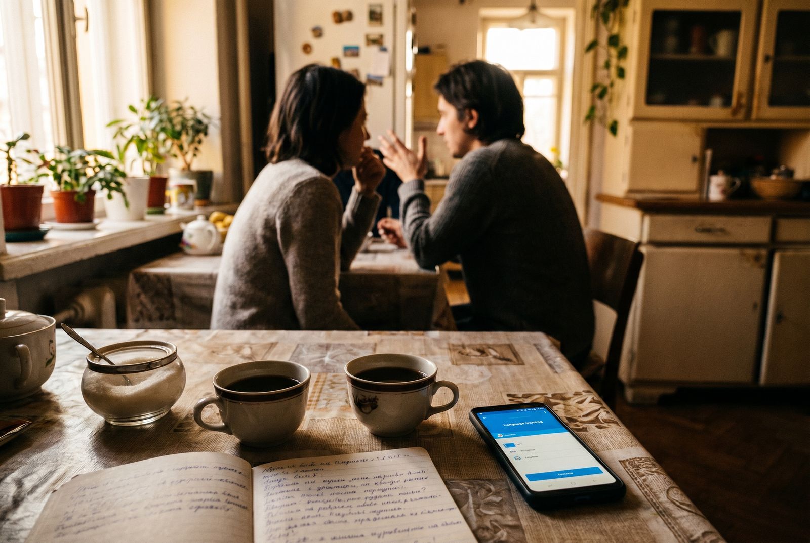 Zwei Tassen albanischer Kaffee auf einem Küchentisch, im Hintergrund zwei Menschen im Gespräch