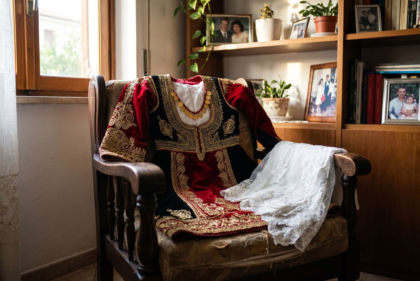 Handbestickte albanische Brauttracht mit Goldfäden und Münzschmuck auf einem Stuhl