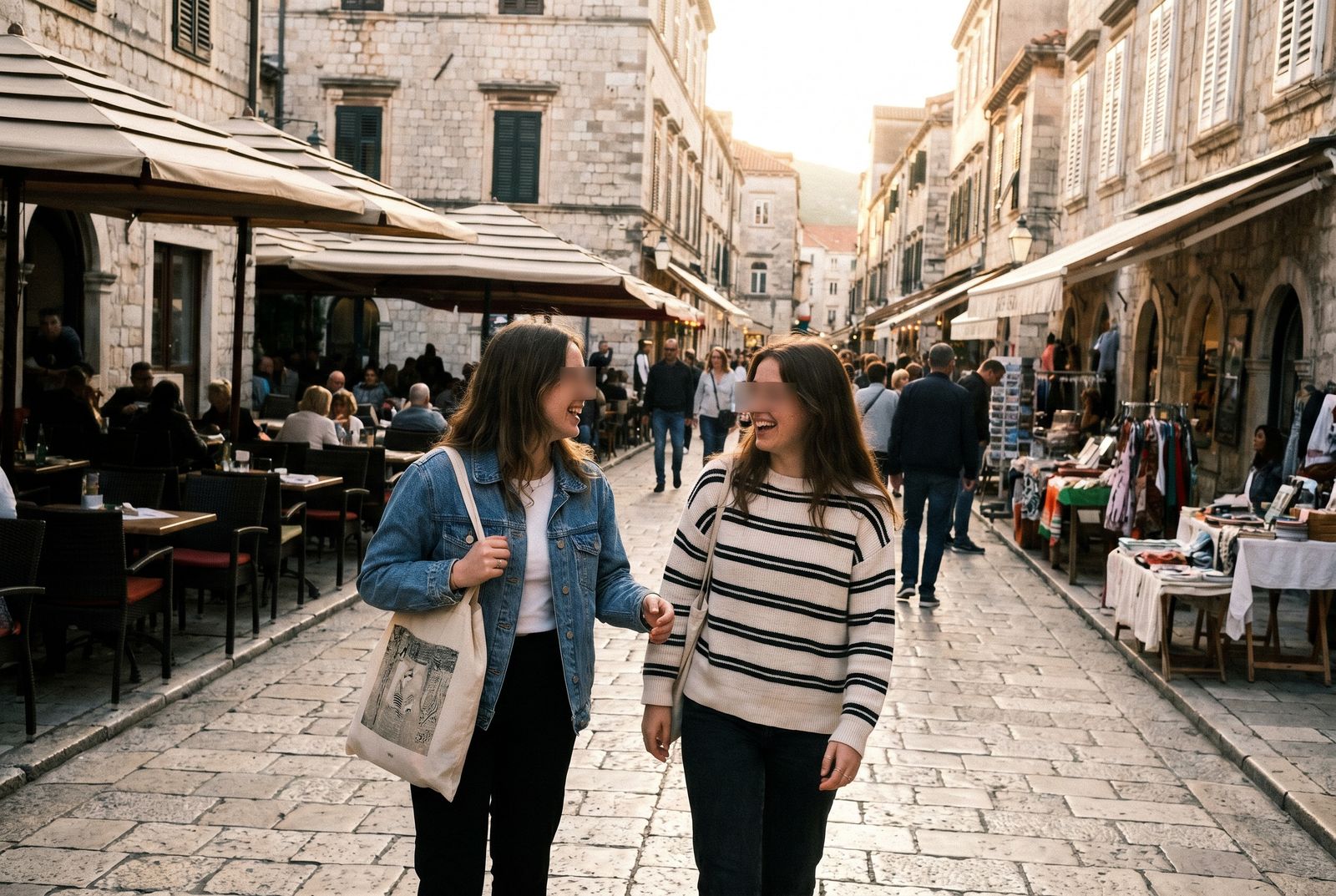 Zwei junge Frauen lachen zusammen in einer Fußgängerzone auf dem Balkan, beiläufig fotografiert