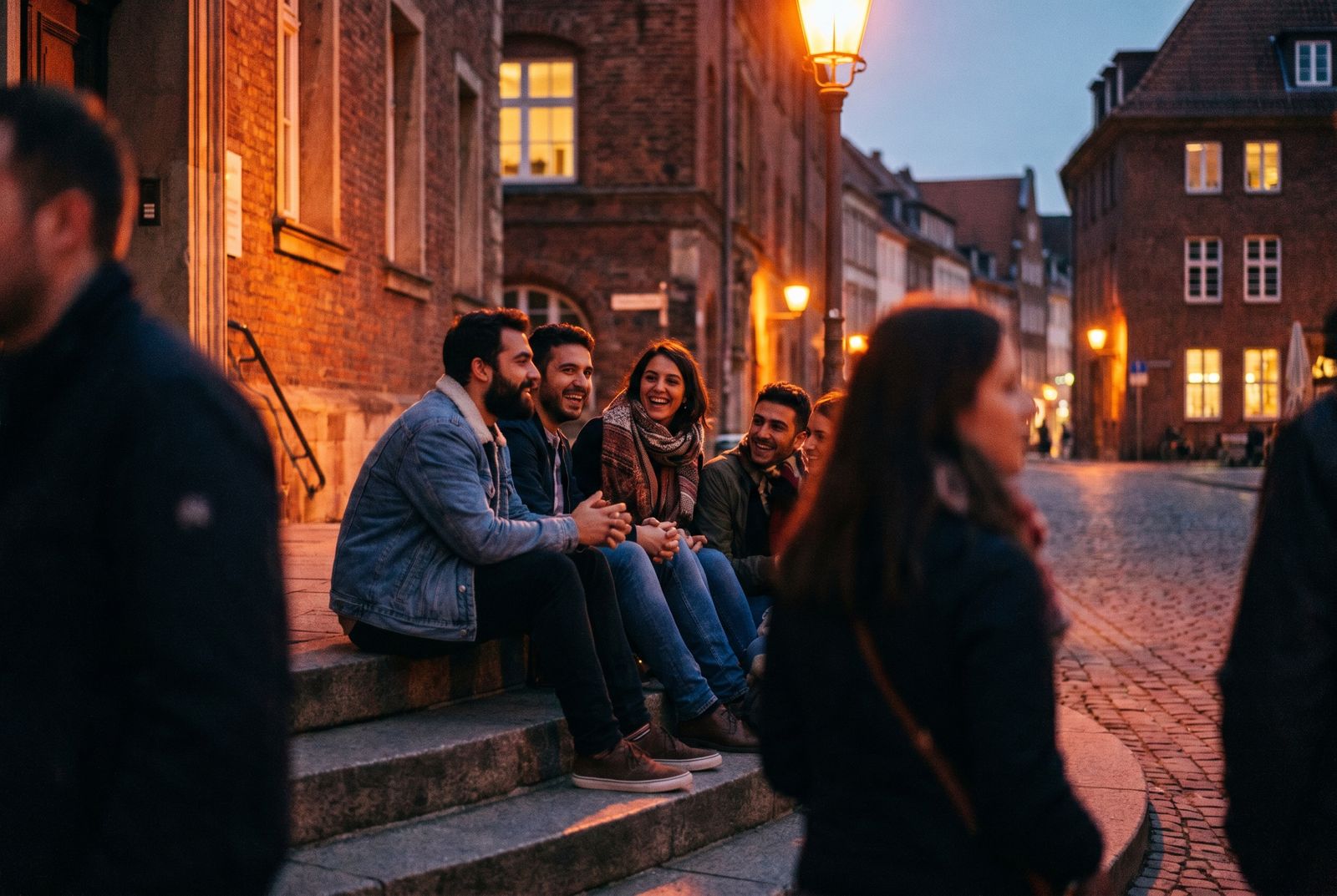 Junge Leute sitzen abends draußen in einer deutschen Stadt zusammen und unterhalten sich