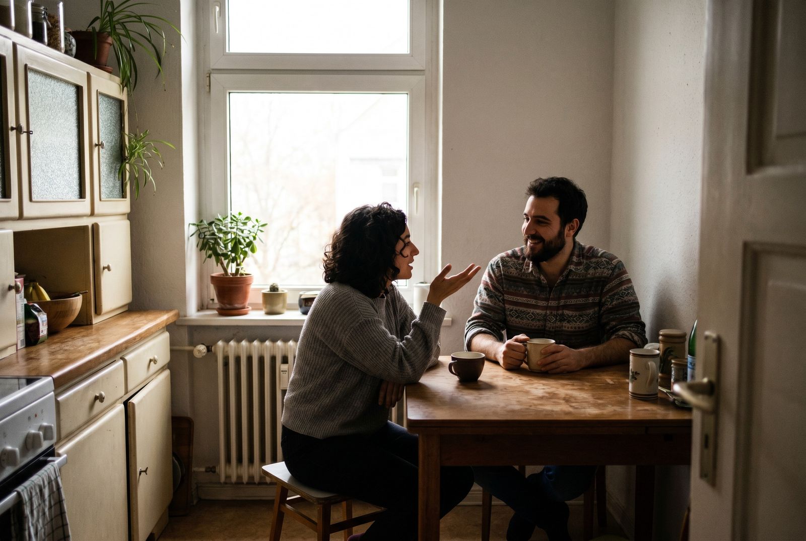 Junges Paar sitzt zusammen an einem Küchentisch und spricht bei Kaffee