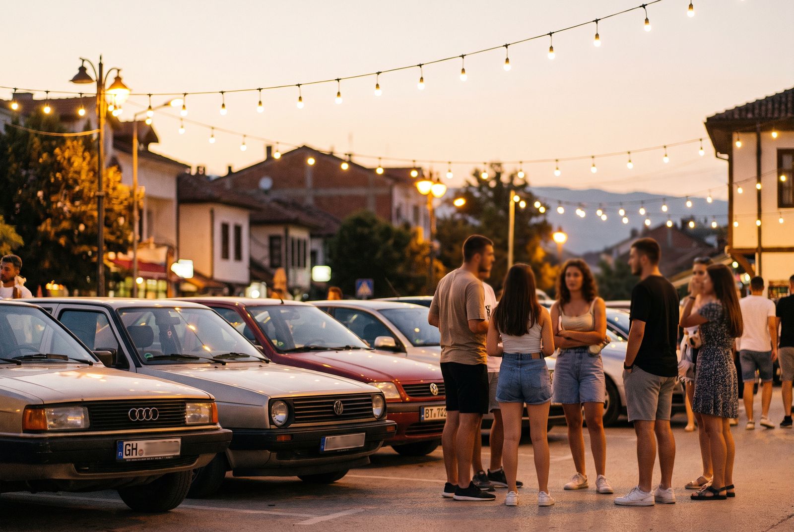 Junge Leute an einem Sommerabend auf einem Stadtplatz im Kosovo neben Autos mit deutschen Kennzeichen